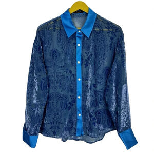 Y2K Meritt Velvet Burnout Satin Button Up Top Small Paisley Blue Long Sleeve VTG
